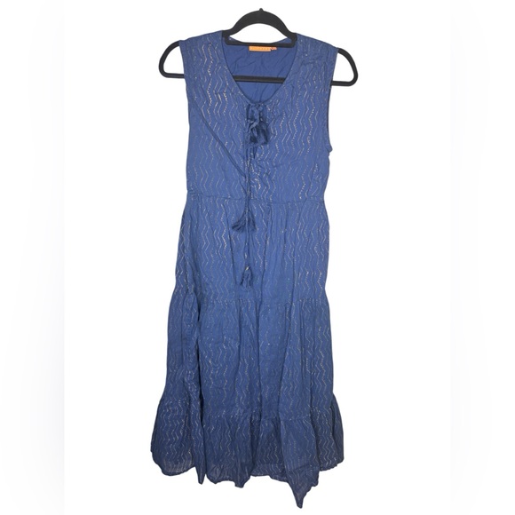 Oliphant Dresses & Skirts - Oliphant Sleeveless navy and gold cotton tassel dress size small